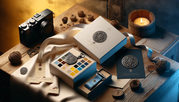 Elegantes Fotogeschenk mit graviertem Kameraband und Zunftzeichen Fotoanhänger auf Holztisch, stilvoll verpackt in Steelmonks Farben.