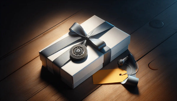 Hochwertiger Zunftanhänger für Mechaniker als elegantes Geschenk in Ghost White mit Persischem Blau und warmen Gelb auf Holzoberfläche.