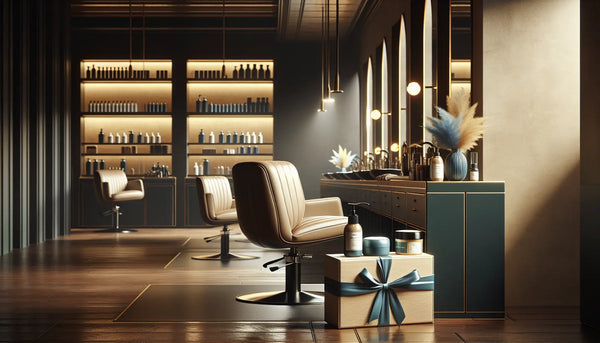 Elegantes Geschenk mit blauem Band auf Friseurstuhl im stilvollen Salon, umgeben von hochwertigen Haarpflegeprodukten in beruhigendem Licht.
