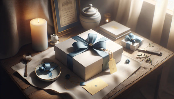 Elegante Geschenkbox mit blauem Band auf hellem Tisch, Hintergrund mit traditionellen Handwerkszeichen auf altem Holz.