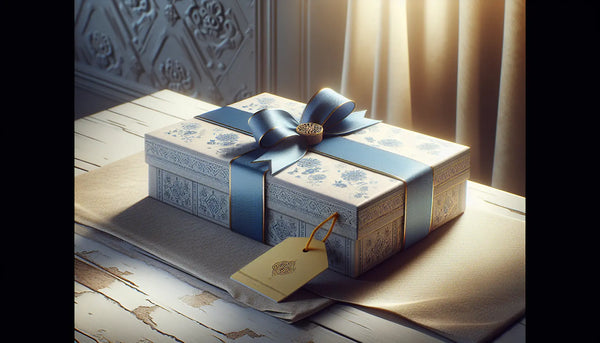 Eleganter Geschenkbox mit blauer Schleife auf hellem Tisch, warmes Licht, ruhige Atmosphäre, Symbol für Wertschätzung und Freundschaft im Steelmonks-Stil