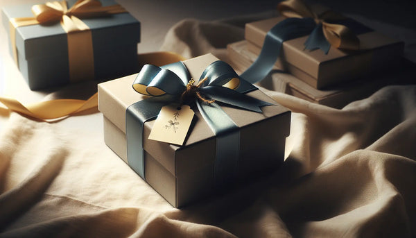 Eleganter, schmaler Geschenkbox mit blauem Band und gelbem Anhänger auf weißer Oberfläche, subtile Wärme und ruhige Atmosphäre im Steelmonks Stil.