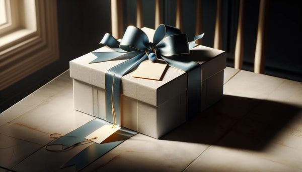 Eleganter Geschenkbox in Ghost White mit Persian Blue Schleife auf minimalistisch warmem Hintergrund.