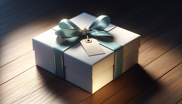 Elegantes, slim verpacktes Geschenk mit blauem Band auf hellem Tisch, warme Atmosphäre im Steelmonks Look
