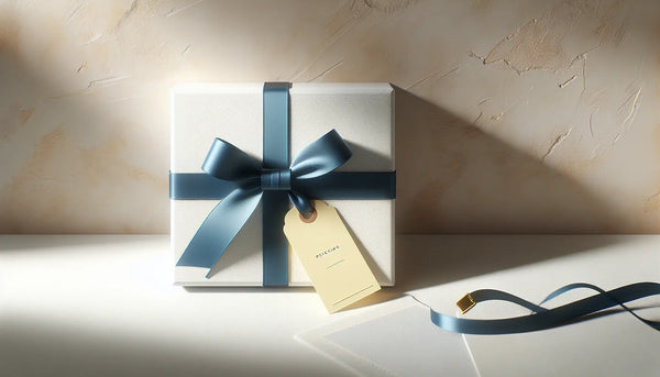 Ein elegantes Geschenk in weiß mit blauem Band auf einem hellen Tisch, warmes Licht, ruhige Atmosphäre, symbolisiert Wertschätzung und Handwerkskunst im Steelmonks Look