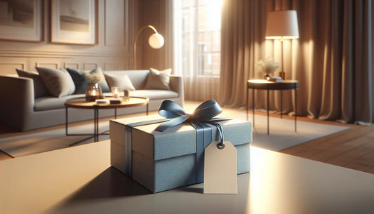 Eleganter, slim verpackter Geschenkkarton mit blauem Band und gelbem Etikett auf hellem Tisch, gemütlich und warm beleuchtet in modernem Interieur.
