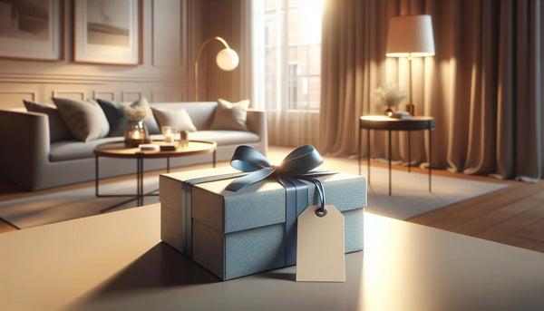 Eleganter, slim verpackter Geschenkkarton mit blauem Band und gelbem Etikett auf hellem Tisch, gemütlich und warm beleuchtet in modernem Interieur.