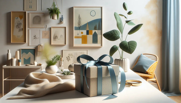 Eleganter Geschenkkarton mit blauem Band auf weißer Oberfläche in kreativem Raum mit moderner Wandkunst, Textilien und Pflanzen, warm und einladend.