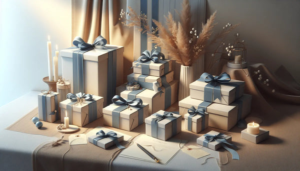 Eleganter, schmaler Geschenkbox mit persischem Blauem Band auf hellem Ghost White Tisch in gemütlicher, warmer Atmosphäre.