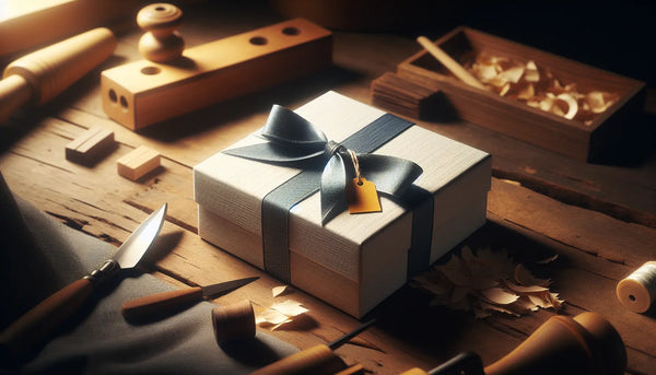 Ein schlank verpacktes Geschenk mit blauer Schleife und gelbem Anhänger auf einem Holztisch in einer Werkstatt, umgeben von Werkzeugen und Holzspänen, warm beleuchtet und stilvoll im Steelmonks-Look.