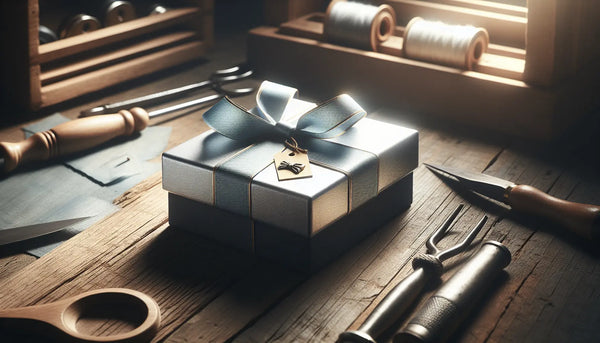 Elegantes Geschenk mit blauer Schleife auf rustikalem Holztisch in Handwerker-Werkstatt mit traditionellen Werkzeugen und Edelstahl-Accessoires.