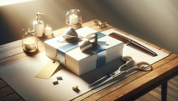 Elegantes Geschenk mit blauen Bändern und Friseurwerkzeugen auf minimalistischem Hintergrund, warm und einladend in Steelmonks-Farben inszeniert.