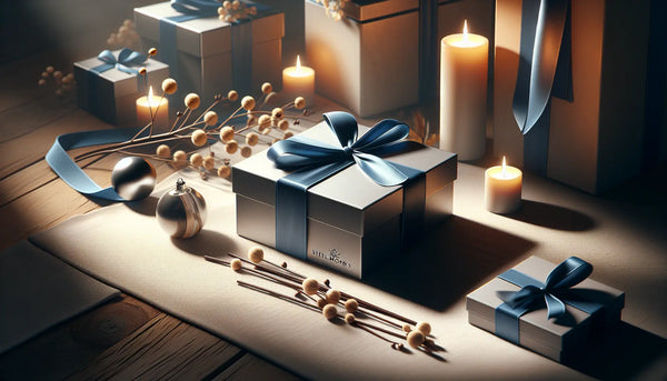 Hochwertiges Bild eines schlanken, elegant verpackten Geschenks mit blauer Schleife und gelbem Anhänger auf weißem Tisch, Stimmung warm und freundlich.