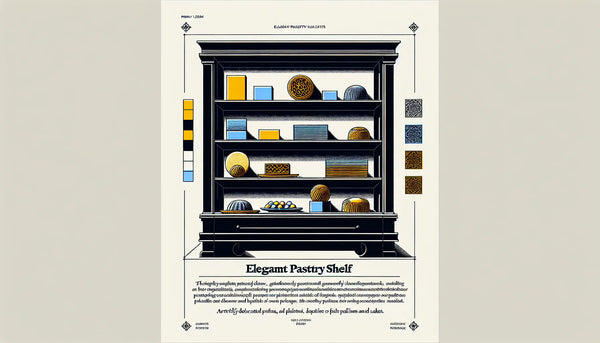 Minimalistisches stilisiertes Regal mit Pralinés und Torten als klare Vektorgrafik in Persian Blue mit gelben Akzenten auf weißem Hintergrund, dazu Text Elegantes Konditorei-Regal und kunstvoll verzierte Pralinés und Torten