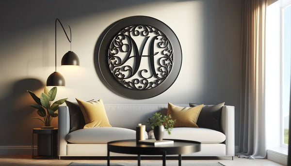 Filigranes Metall-Monogramm an ruhiger Wohnzimmerwand mit dezenter, warm beleuchteter Raumdekoration im Steelmonks-Look.