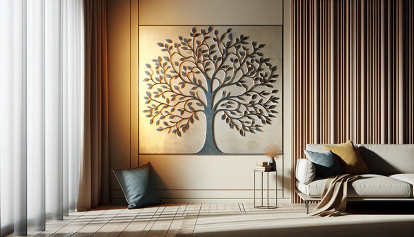Metallschild Baum des Lebens in Persian Blue vor Ghost White Wand, stilvolles Wohnzimmer mit warmen Lichtreflexen und eleganter natürlicher Atmosphäre.