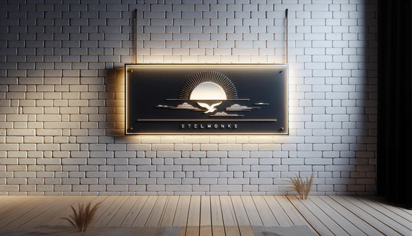 Elegantes Metallschild schwebt vor gemauerter Wand in moderner Einrichtung mit sanften Schatten und warmem Licht im Steelmonks-Stil.