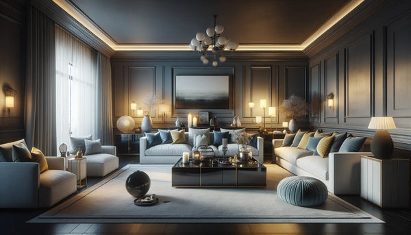 Elegantes Wohnzimmer mit stilvoll arrangierten Möbeln in Steelmonks Farben, harmonisch und warm beleuchtet, ruhige Atmosphäre.