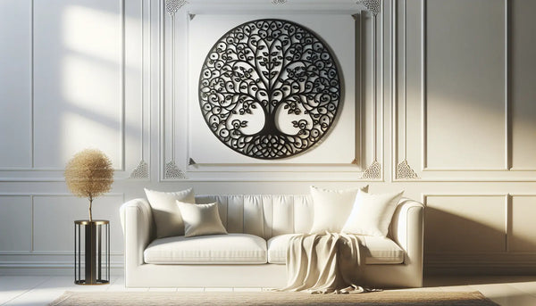 Elegantes Wohnzimmer mit weißer Wand und großen schwarzem Lebensbaum-Metallschild über minimalistischen Sofa, warm und stilvoll eingerichtet