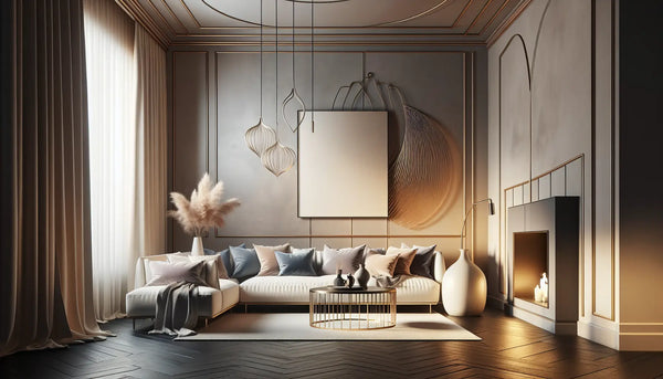 Elegantes Wohnzimmer mit subtiler Beleuchtung und stilvoller Metall-Wanddekoration in Steelmonks Farben, warm und einladend gestaltet.