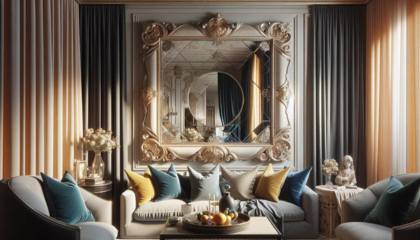 Elegantes Wohnzimmer mit antikem Spiegel, klassisch eingerichteten Möbeln und sanftem, warmem Licht in Steelmonks-Farben.