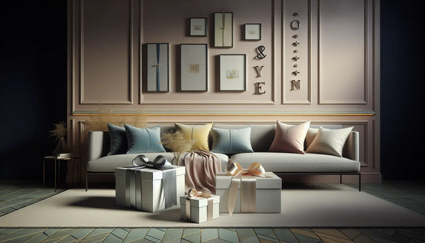 Elegantes Wohnzimmer mit pastellfarbener Wand, fein verpackten Geschenken in Steelmonks-Farben und warmem natürlichen Licht, freundliche Atmosphäre.