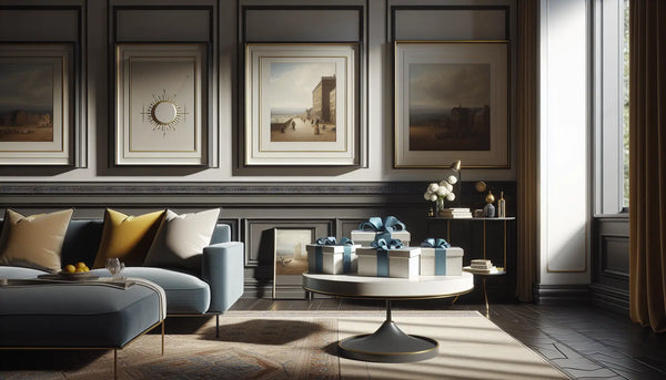 Ein stilvolles Wohnzimmer mit Geschenkboxen in Persian Blue und Ghost White, moderner Kunst an hellen Wänden, warm und einladend im Steelmonks Stil.