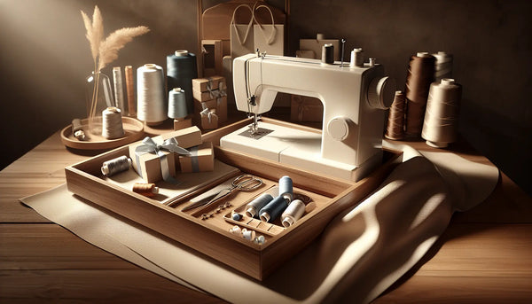 Elegantes, minimalistisches Nähatelier mit moderner Nähmaschine und hochwertigen Materialien auf stilvollem Holztablett, warm und einladend inszeniert.