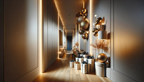 Schmales Zimmer mit hellen Wänden, eleganten Geschenkboxen in Stahlblau und warmem Licht, moderne Atmosphäre im Steelmonks-Design.