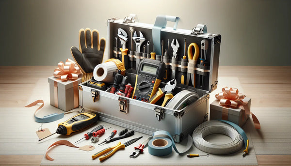 Gut sortierter Elektriker-Werkzeugkasten mit Spannungsprüfer, Multimeter und Sicherheitsausrüstung in Steelmonks Farbschema.