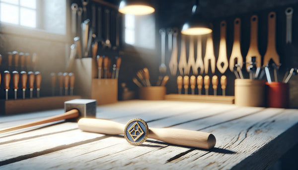 Realistisches Bild einer Elektriker-Werkstatt mit Werkzeugen und elegantem Metall-Zunft-Anstecker auf hellem Holztisch in Steelmonks-Farben.