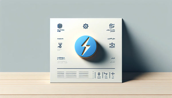 Stilisierter Stecknadel-Anstecker mit Blitzsymbol in Persian Blue auf hellem Hintergrund, daneben minimalistischer Infotext zum handwerklichen Stolz eines Elektrikers.