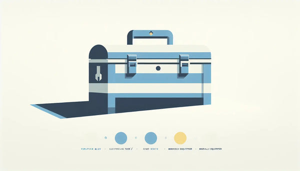 Stilisierter Elektriker Werkzeugkoffer als reduzierte Vektorgrafik in Persian Blue mit gelbem Akzentpunkt auf weißem Hintergrund, minimalistisches Design.