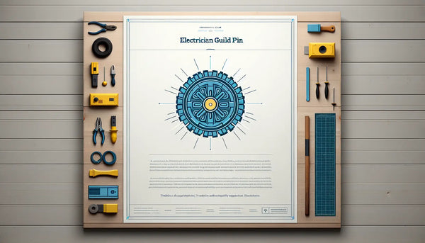 Minimalistischer Vektor eines Zunft-Ansteckers für Elektriker in Persian Blue mit gelbem Akzentpunkt auf weißem ruhigem Hintergrund