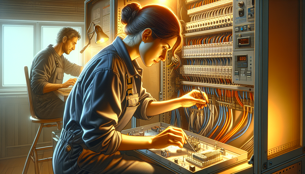 Elektriker arbeitet sorgfältig an einem Schaltschrank, im Hintergrund programmiert ein Elektroniker eine Steuerung am Computer. Die Szene ist warm beleuchtet und zeigt eine ruhige, professionelle Arbeitsatmosphäre mit Steelmonks-Farben.