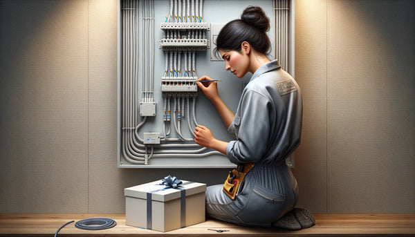 Elektriker bei der sorgfältigen Verdrahtung eines Schaltschrankes, im Vordergrund eine elegant verpackte schmale Geschenkbox mit blauem Schleifenband, ruhige und warme Atmosphäre in Steelmonks Farbschema.