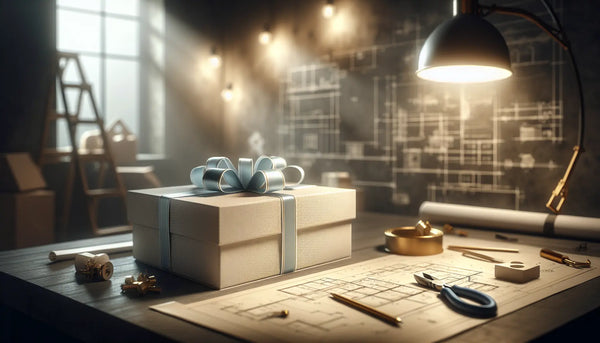Elektromeister zeigt ein elegant verpacktes Geschenk im modernen Büro mit Baustellen-Elementen, stilvoll in Steelmonks Farben.