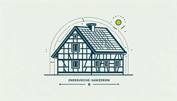 Fachwerkhaus als reduzierte Vektorgrafik auf hellem Hintergrund mit betont energetisch saniertem Dach und Text zu energetischer Sanierung