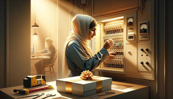 Nahaufnahme eines erfahrenen Elektrikers mit moderner Sicherheitsausrüstung, subtil mit einem elegant verpackten Geschenk in Steelmonks Farbschema.