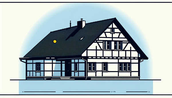 stilisiertes fachwerkhaus klare reduzierte vektorgrafik mit frisch gereinigtem dach kleiner gelber akzentpunkt ruhiger weisser hintergrund