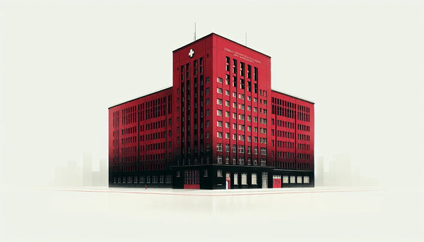 Skizzenhafte Fassade eines Klinikums ohne Menschen in ruhigem Stil