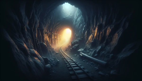 Dunkler Bergstollen mit warmem Licht am Ende, symbolisiert zeitlose Herausforderungen im Bergbau, im Steelmonks-Look.