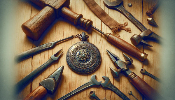 Fein gearbeiteter Zunftanhänger mit Gravur auf Holztisch, umgeben von traditionellem Handwerkswerkzeug, warm beleuchtet, im Steelmonks Farbdesign.