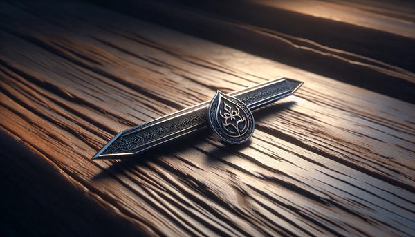 Ein stilvoller Edelstahl-Zunft-Anstecker auf rustikalem Holz mit betonter Gravur und warmem Licht, elegant im Steelmonks-Look inszeniert.