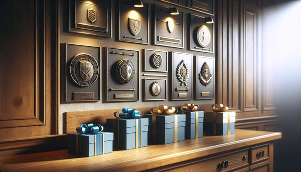 Handwerker-Zimmer mit Zunftanhängern, personalisierten Metallschildern und elegant verpackten Geschenken in Steelmonks-Farben.