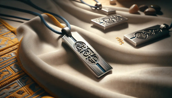 Fein gravierte Edelstahl-Zunftanhänger mit Persian Blue Akzenten liegen arrangiert auf Ghost White Stoff, symbolisieren moderne Handwerkskunst und Tradition.