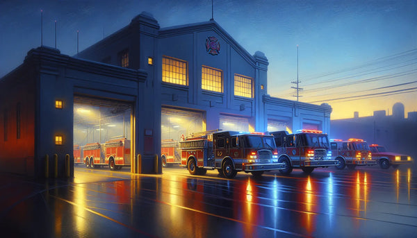 Realistische Feuerwache bei Dämmerung mit glänzenden Feuerwehrfahrzeugen und warmem Licht der blauen Stunde im Steelmonks-Farbschema.