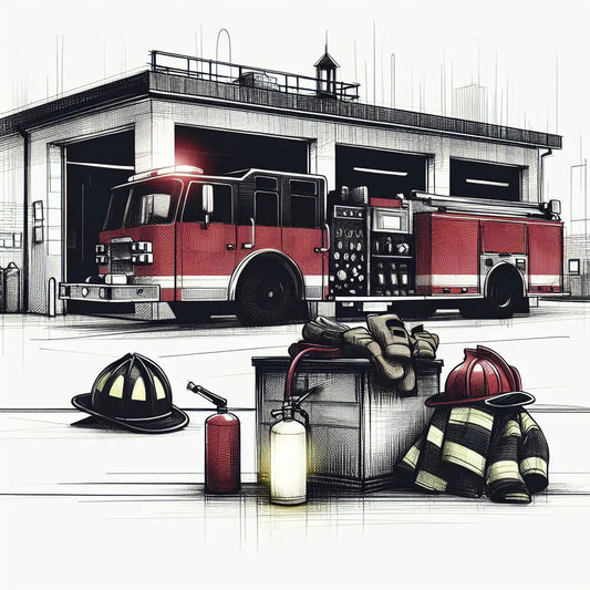 Skizzenhafte Feuerwache mit Feuerwehrfahrzeugen und Ausrüstung auf weissem Hintergrund