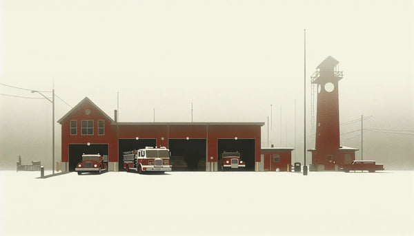 Skizzenhafte Feuerwehrstation mit Fahrzeugen und Ausrüstung in ruhiger Darstellung