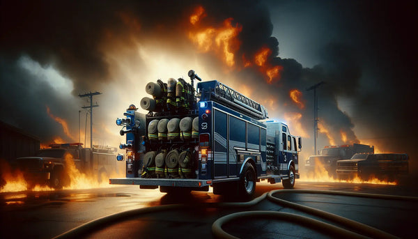 Detailierte Feuerwehr-Ausrüstung auf Einsatzleitungswagen mit Flammen im Hintergrund, Steelmonks-Farben, realistisch und atmosphärisch.